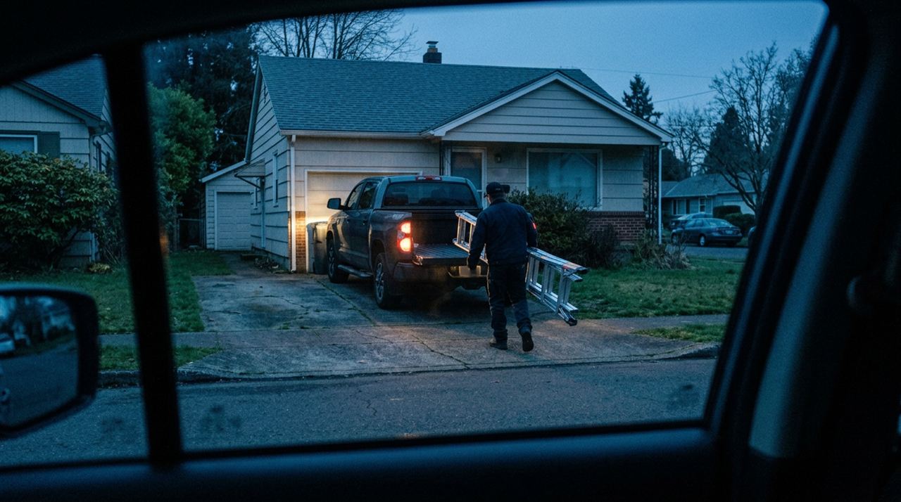 Frame from the Friday surveillance recording: the same driveway before dawn, the truck's lights on, a figure carrying a ladder past it
