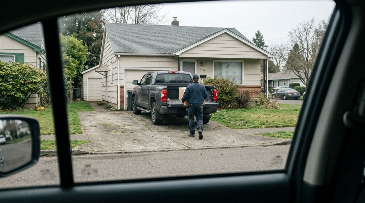 Frame from the Thursday surveillance recording: a pickup truck on a residential driveway, tailgate down, a figure carrying a box toward it, seen from a parked vehicle
