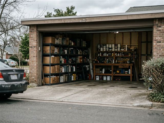 Open garage with shelving and stacked boxes