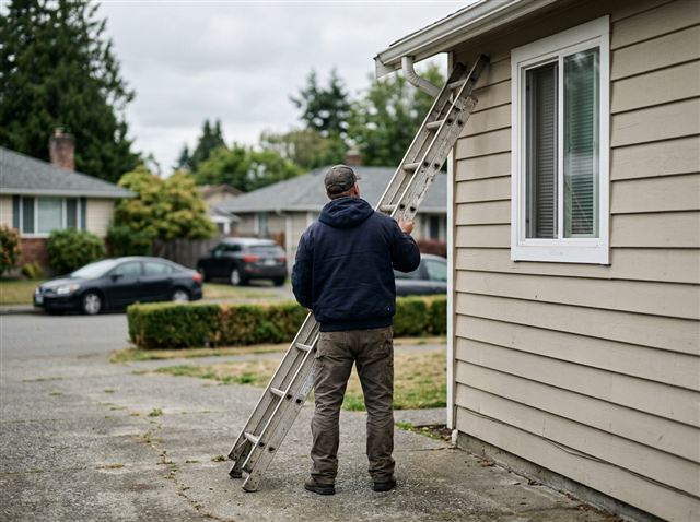 A figure raising an extension ladder against a wall