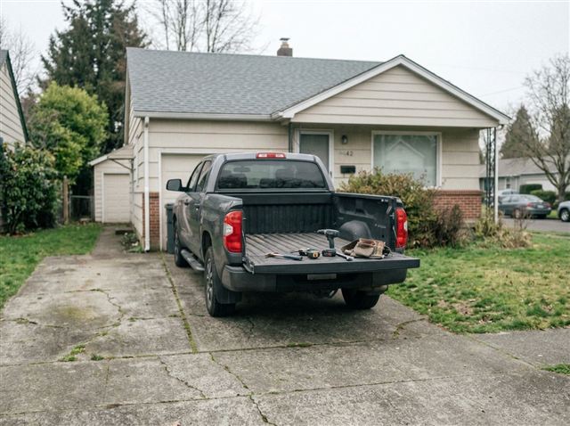 Hand tools laid out on a lowered tailgate