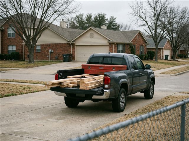 Pickup bed loaded with lumber and a toolbox